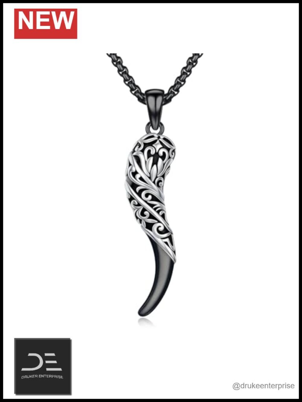 Italian Horn Cornicello Pendant Necklace White Gold Plated Stainless Steel 22in